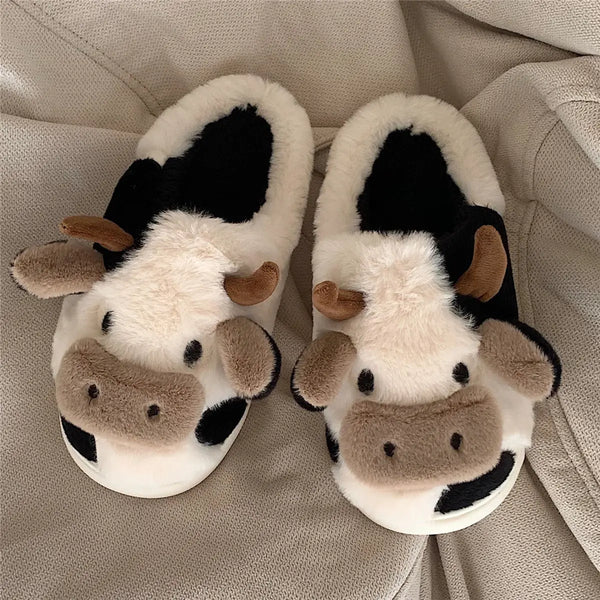 Plush Cartoon Cow Slippers for Warm Cozy Indoor Comfort
