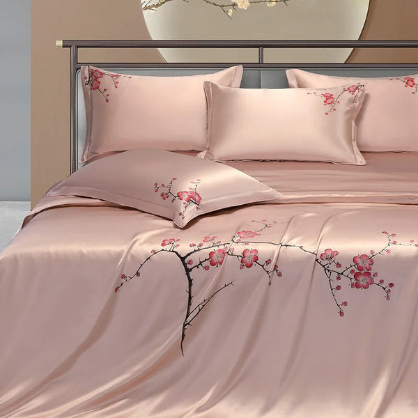 25mm Mulberry Silk Flowers Bedding set Top Grade Luxury Mulberry Silk Soft Duvet Cover Bed sheet 2Pillowcases Double Queen King