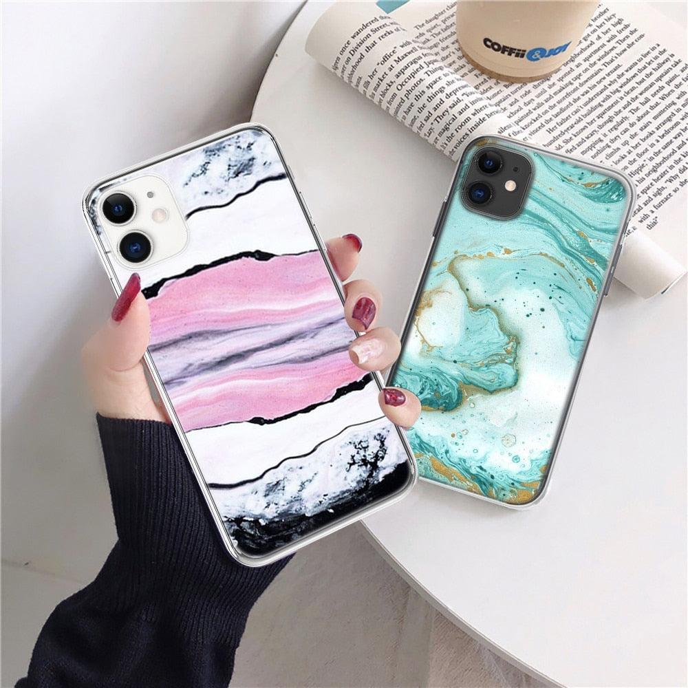 Fashion Marble Pattern Phone Case For iPhone 13 12 11 Pro Max 7 8 6 6S Plus X XR XS Max 12Mini 5 5S SE Cute Soft TPU Cover Full Body Protection with Raised Bezel