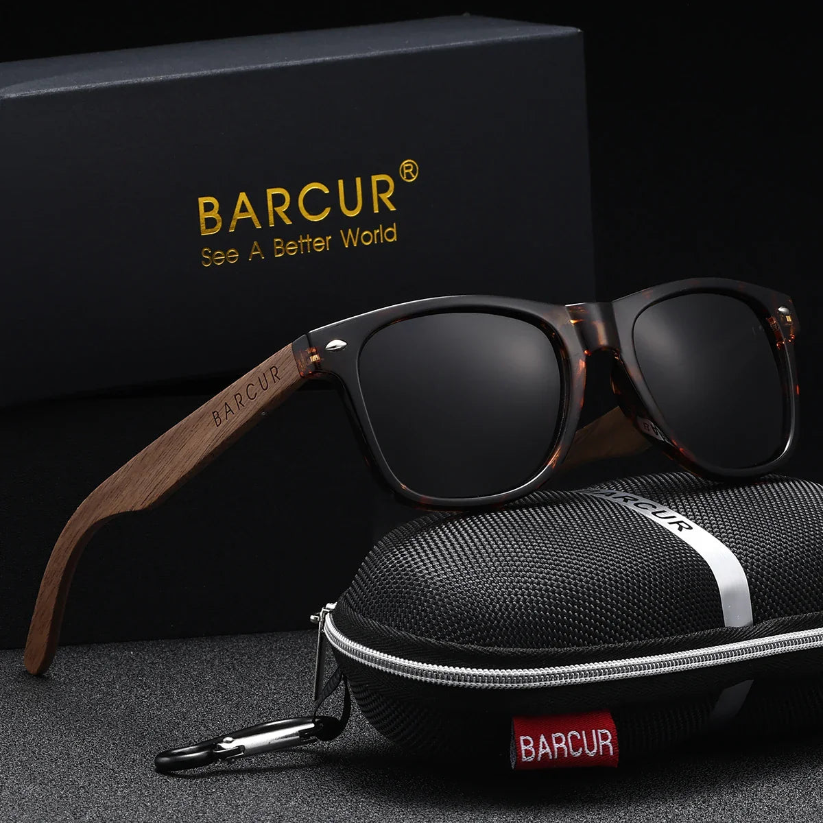 BARCUR Black Walnut Polarized Sunglasses for Men UV400 Sunscreen Protection Wooden Frame Polarized Lenses Presented in an Original Brand Box for Summer