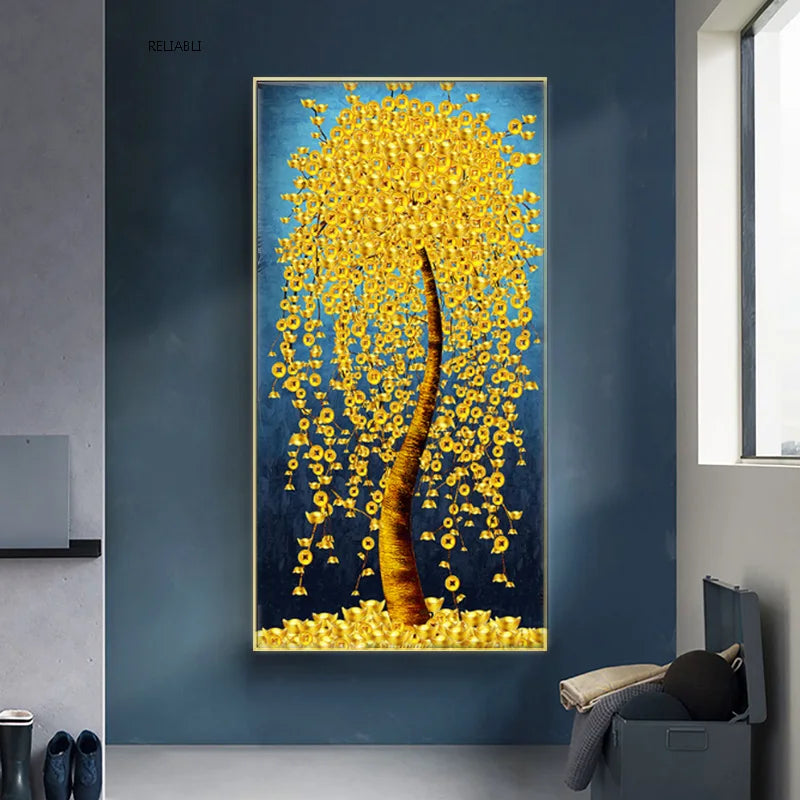 Abstract Golden Rich Tree Money Tree Oil Paintings on Canvas Poster Modern Landscape Wall Art Picture Print Home Decor No Frame