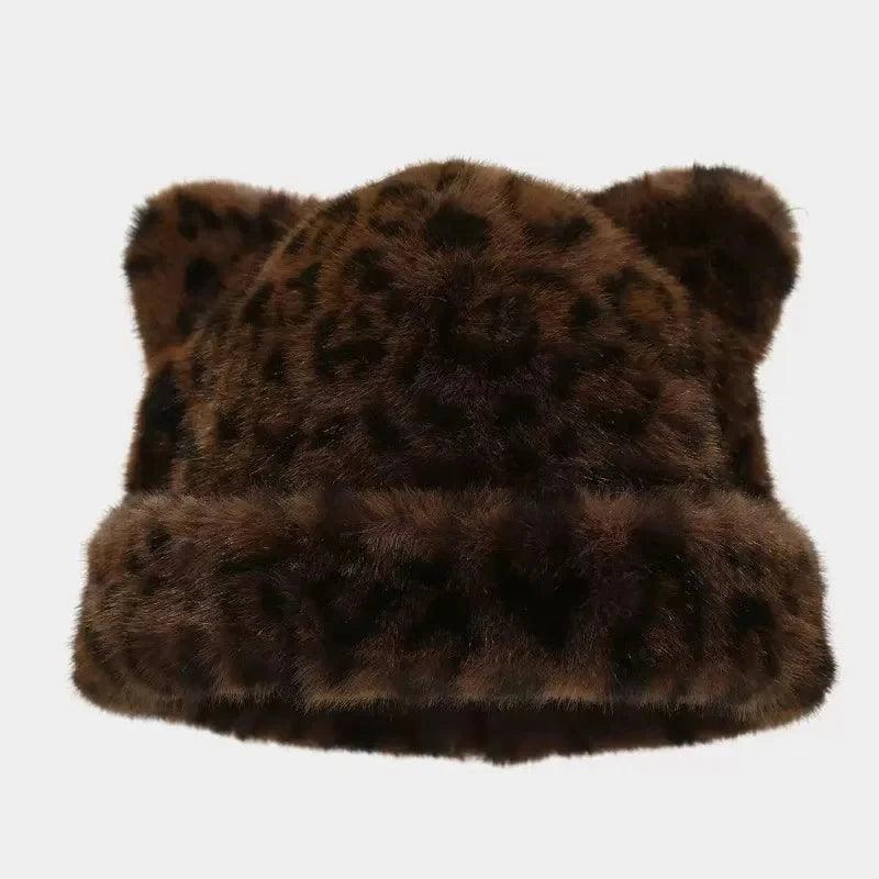 Leopard print plush teddy bear hat for women, sweet and cute, thick and warm, retro and versatile, hooded beanie.