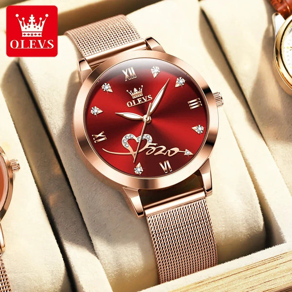 OLEVS Luxury Fashion Ladies' Watches Rose Gold Top Brand Original Quartz Watch for Women Stainless Steel Mesh Strap Love Dial