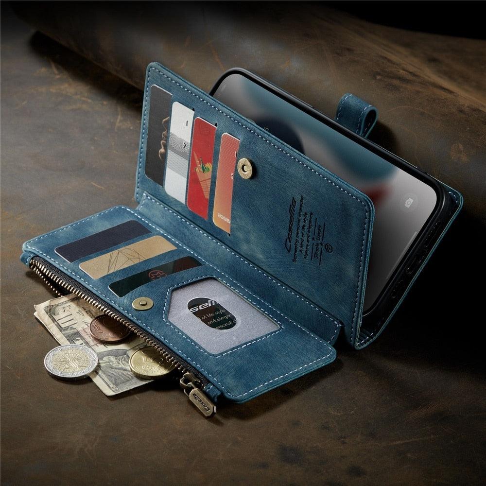 Vintage Card Holder Leather Wallet Case for iPhone 11 12 13 14 Pro Max Mini XR XS Max 8 7 6s Plus SE Storage Pocket Cover Flip Case PU Leather Protective Case With Magnetic Closure