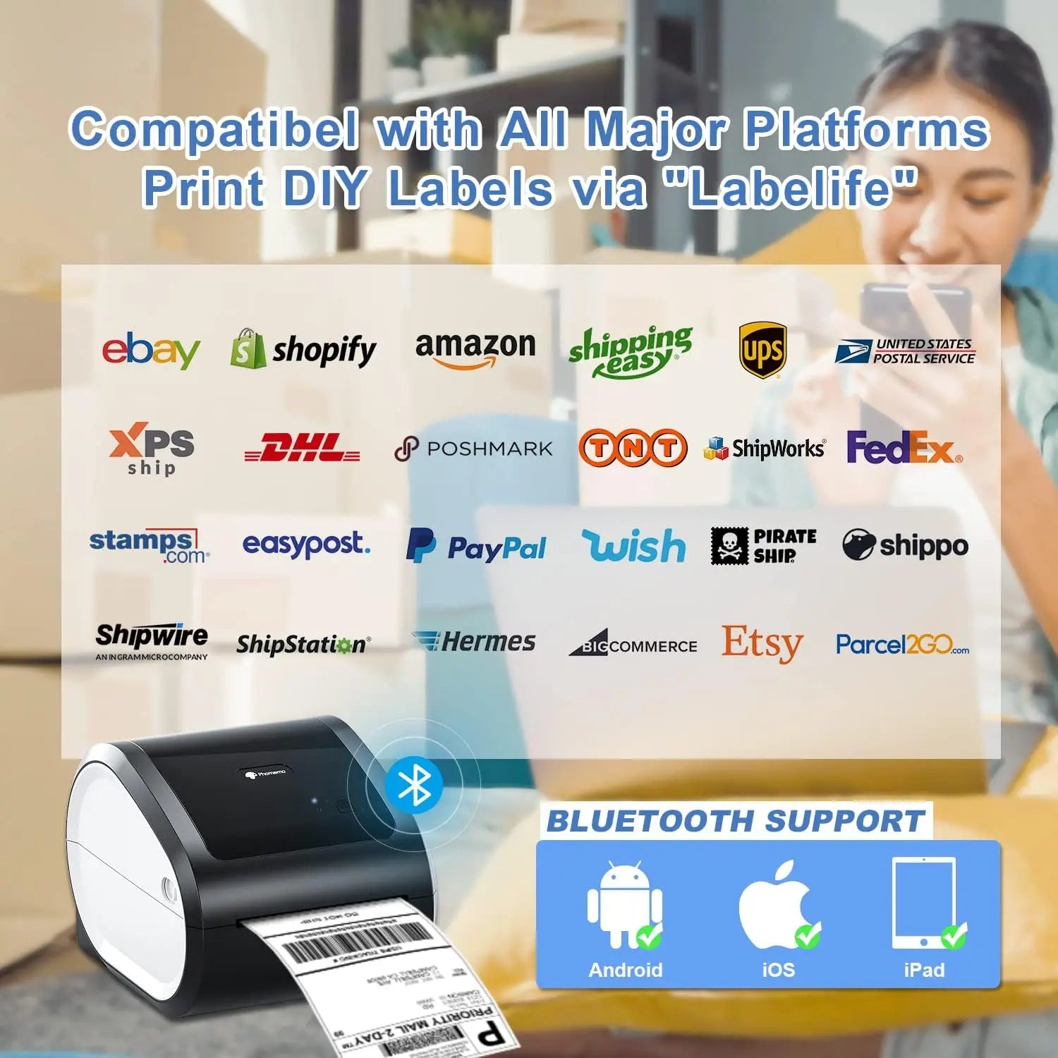 100x150mm Wireless Shipping Label Printer Wireless Thermal Label Printer for Small Shipping Business Packages 4x6