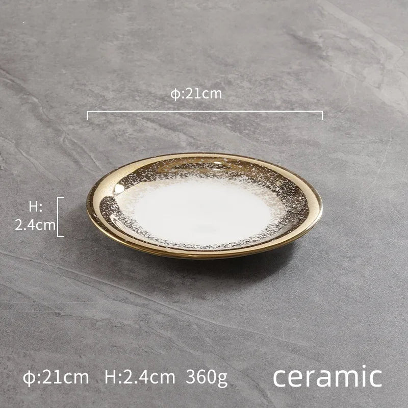 Ceramic high-end golden gold round ceramic tray Piring ASalad Steak Mewah Keramik Makanan Barat Eropa Piring Steak dinner plate