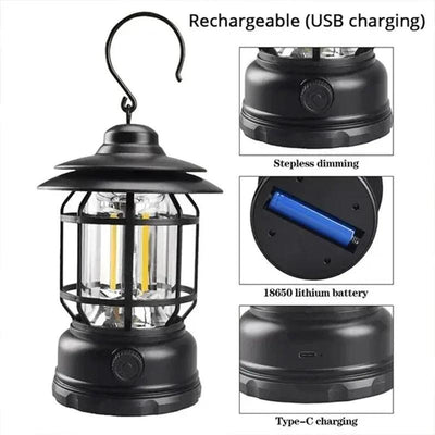 Rechargeable Camping Lantern Stepless Dimming COB Portable Waterproof for Hiking Fishing Emergency Home Power Outages Indoor Out