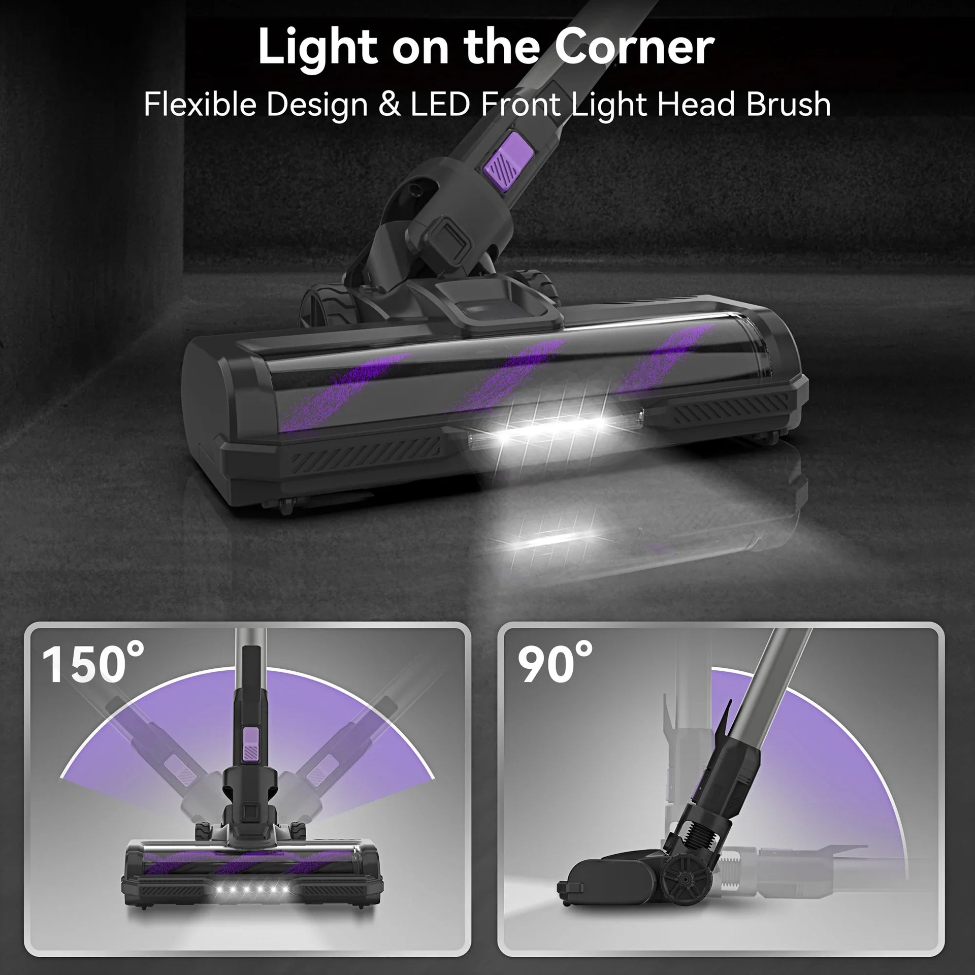 Cordless Vacuum Cleaner, 6-in-1 Stick Vacuum with 30Kpa 350W Suction has LED front light brush and flexible head for cleaning dark corners and tight spaces.