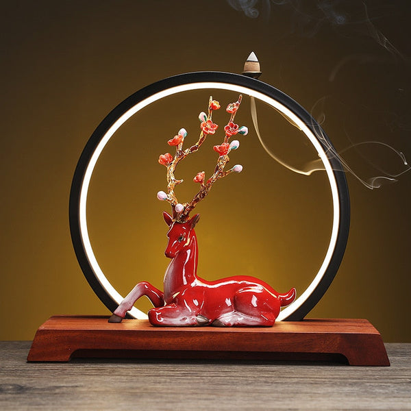 Blossom Deer Round Backflow Incense Burner LED Lamp