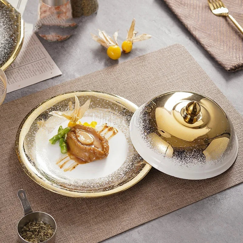 Ceramic high-end golden gold round ceramic tray Piring ASalad Steak Mewah Keramik Makanan Barat Eropa Piring Steak dinner plate