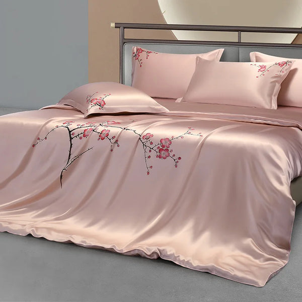 25mm Mulberry Silk Flowers Bedding set Top Grade Luxury Mulberry Silk Soft Duvet Cover Bed sheet 2Pillowcases Double Queen King