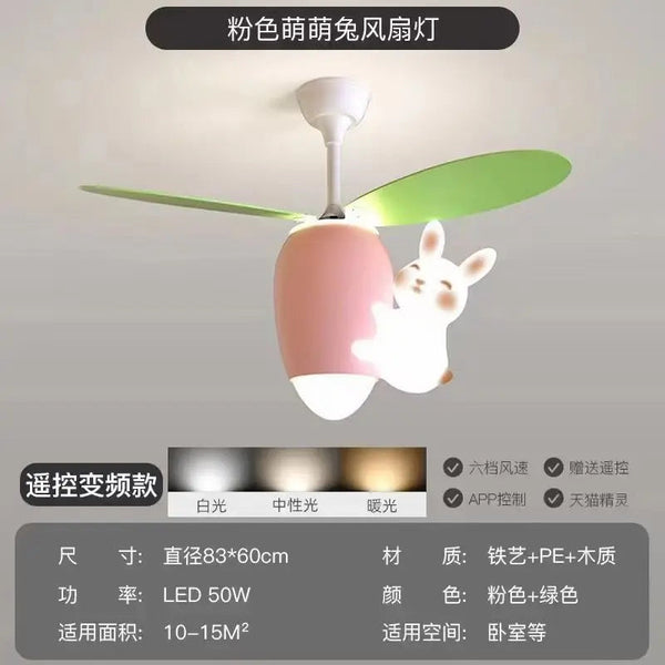 DecorBites™ Kids Room Rabbit Carrot Helicopter Ceiling Fan Lamp Boy Girl Bedroom Decorbites