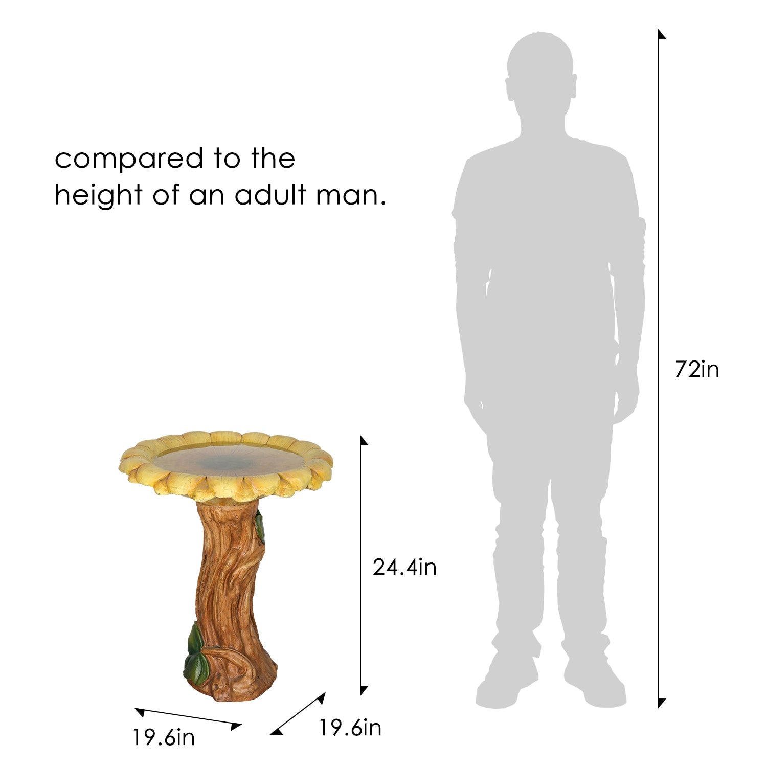 Concrete Wooden Bird Bath Sunflower on Trunk 24 Inch