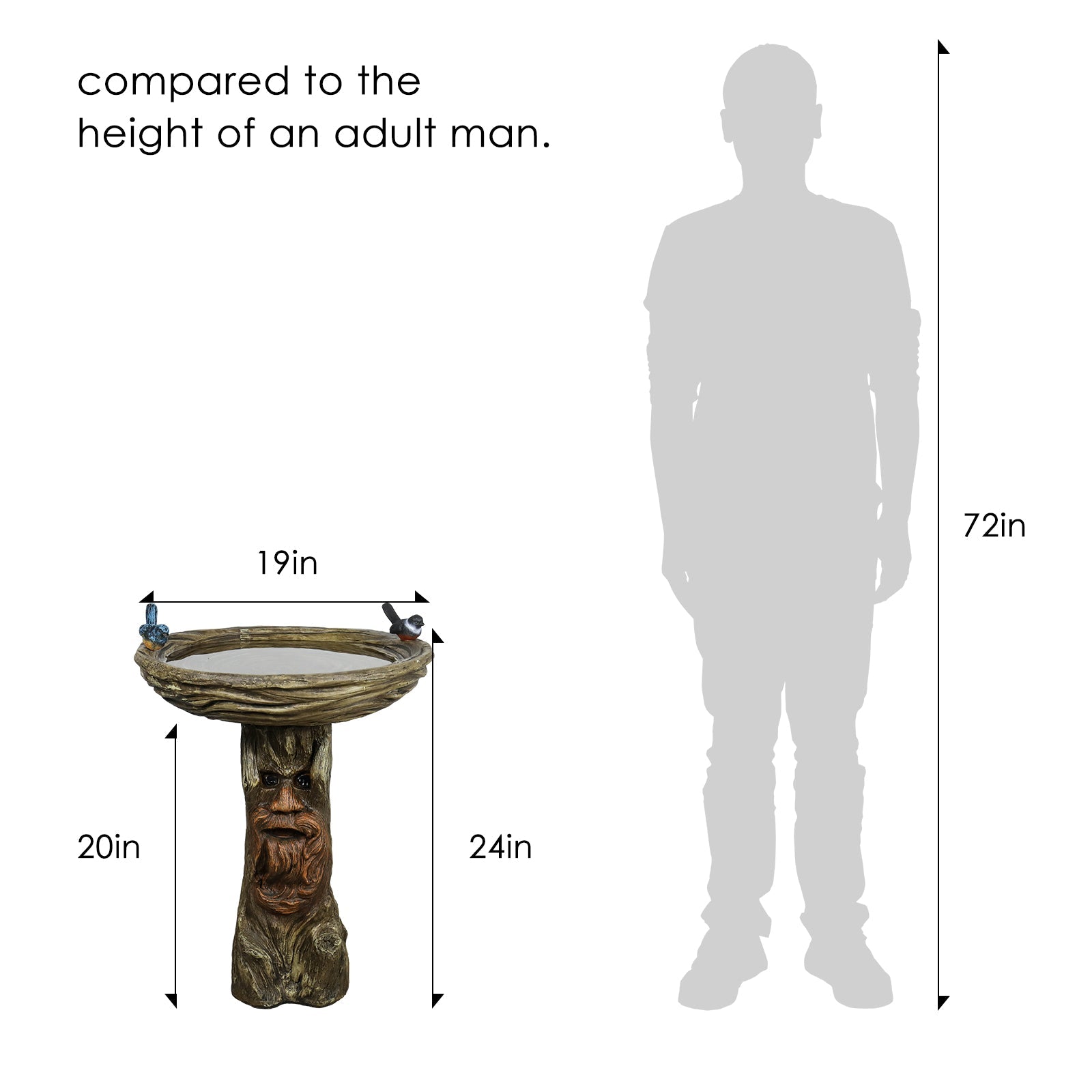 Concrete Stone Bird Bath Old Man Tree Face 23 Inch