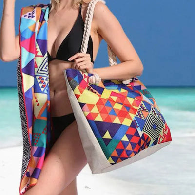 Boho Style Geometry Large Capacity Women Handbags Multifunctional Handbags Shoulder Tote Bags Swimming Storage Bag Beach Bag