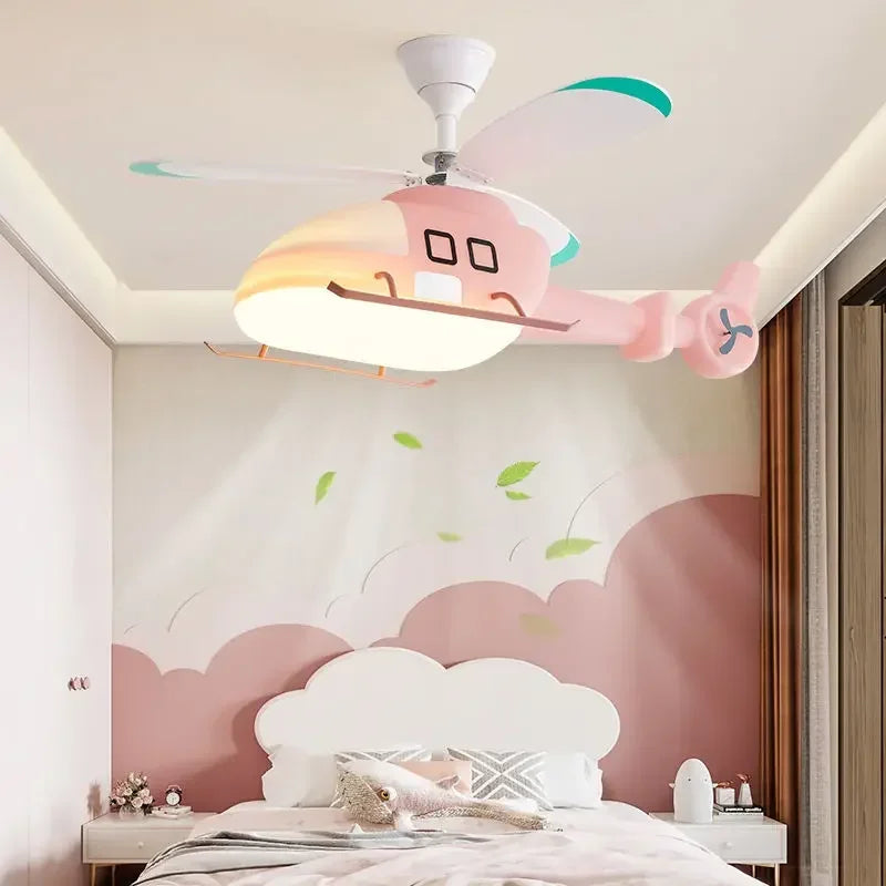DecorBites™ Helicopter Aircraft Ceiling Fan Children's Chandelier Blue Pink Light Kids' Room Decorbites