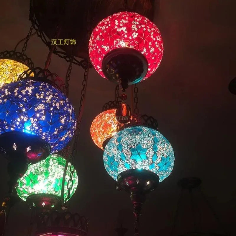 Turkish Rotundity Colorful Glass LED Chandelier Retro Iron Art Hanging Lamps Living Room Bedroom Restaurant Hotel Pendant Lights
