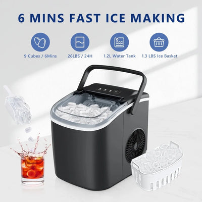 26 lbs/24H Countertop Ice Maker Machine, 9 Bullet-Shaped Ice in 6 Min, Auto-Cleaning home appliance  bar  kitchen