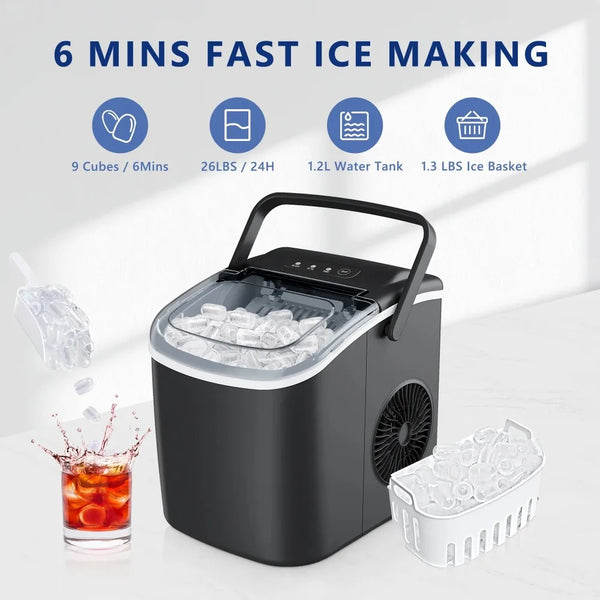 26 lbs/24H Countertop Ice Maker Machine, 9 Bullet-Shaped Ice in 6 Min, Auto-Cleaning home appliance  bar  kitchen