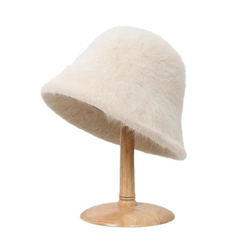 Plush fisherman hat autumn and winter basin hat round head plush high-end feeling face white bucket hat for ladies