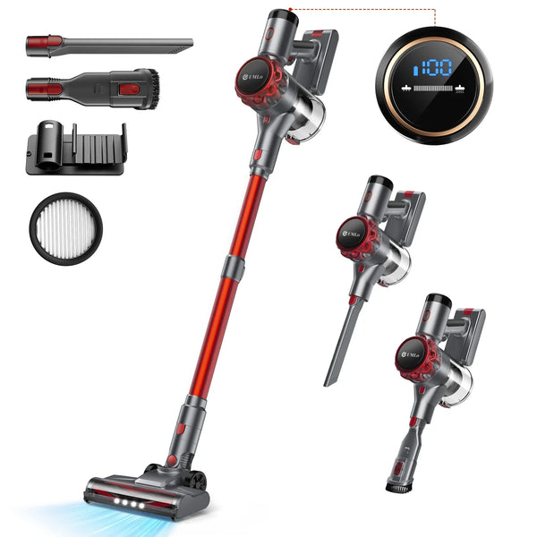 Red cordless vacuum cleaner with LED display and attachments for versatile cleaning. High suction and long battery life for home use.