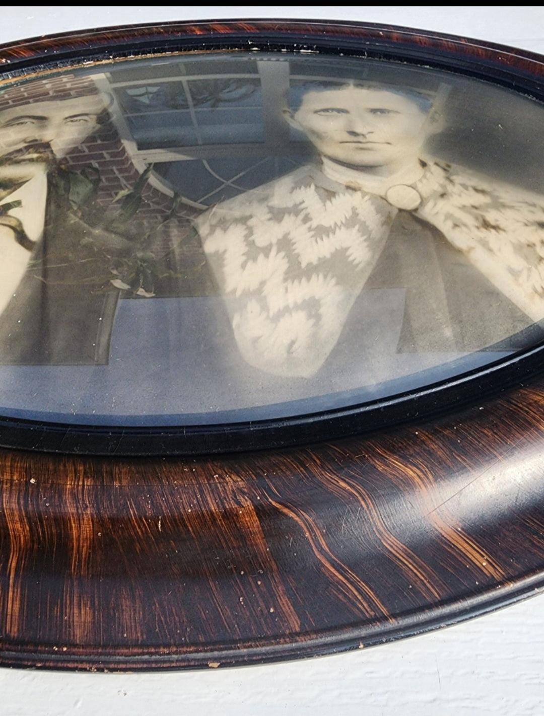 Antique Sepia Portrait In Convex Glass & Tiger Wood. 24.5