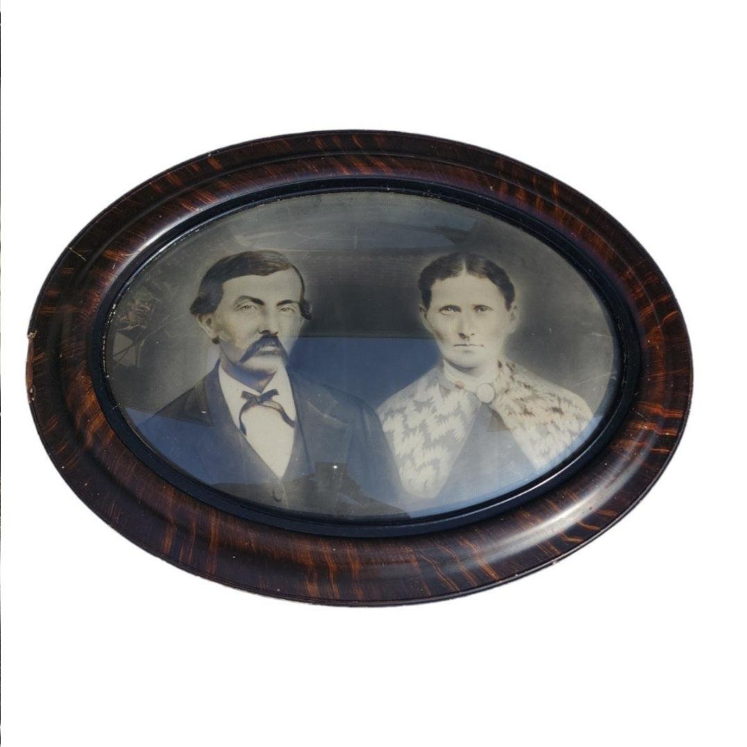 Antique Sepia Portrait In Convex Glass & Tiger Wood. 24.5