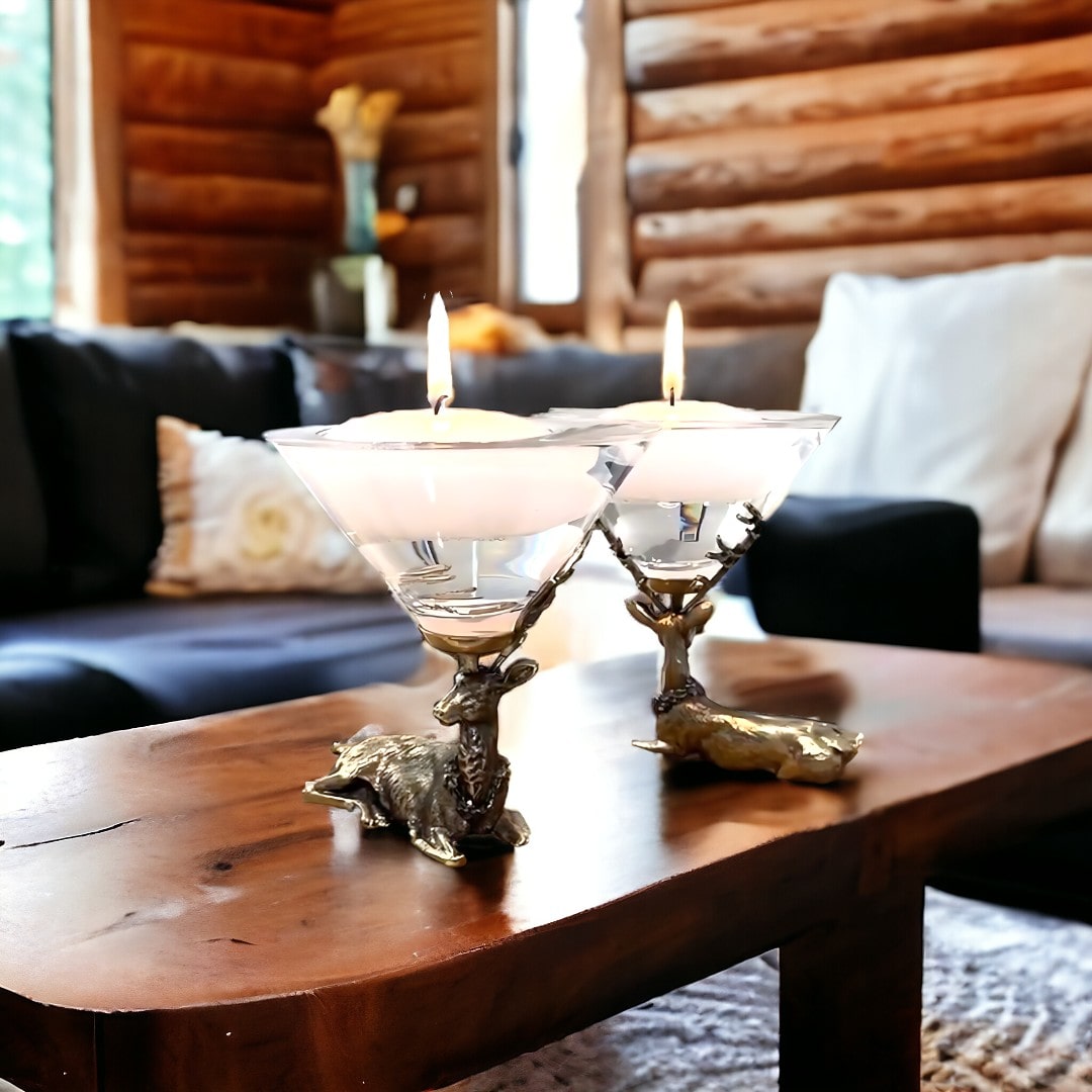 Gold Stag Deer Martini Glasses Jersey Art Glass