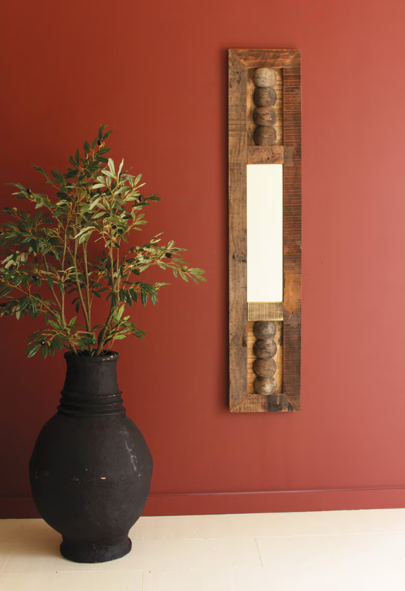 Tall Vertical Recycled Wood Framed Mirror with Balls Detail