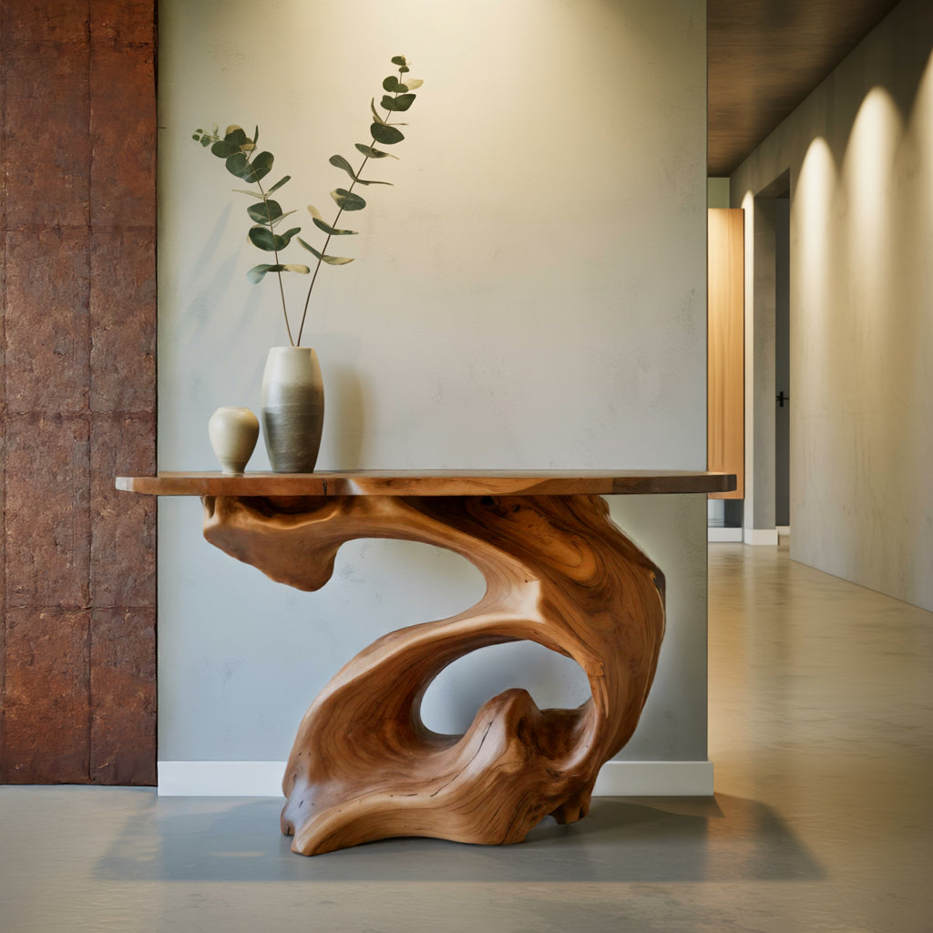 Sculptural Solid Wood Console Table