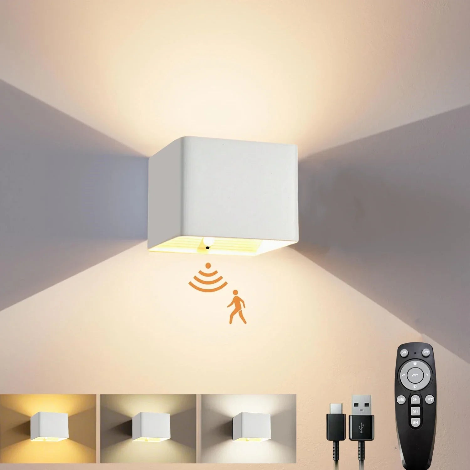 Battery Operated LED Wall Light Motion Sensor Remote Rechargeable Bedroom