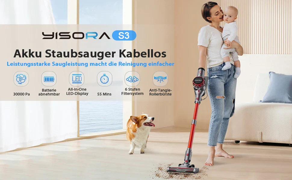 Yisora S3 cordless vacuum cleaner with 30000Pa suction, LED display, and 55-minute battery life. German text highlights key features.