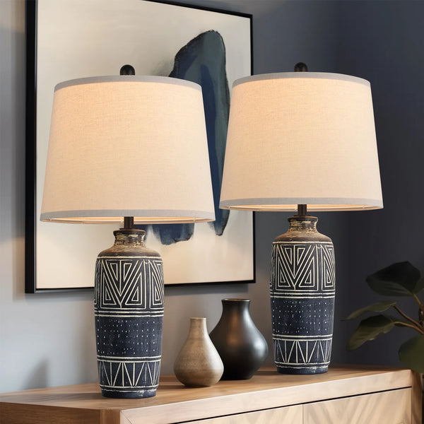 2 Pack 25-Inch Carved Geometric Ceramic Table Lamp With Linen Shade, Southwest's Rustic Accent Lamps For Living Room End Tables