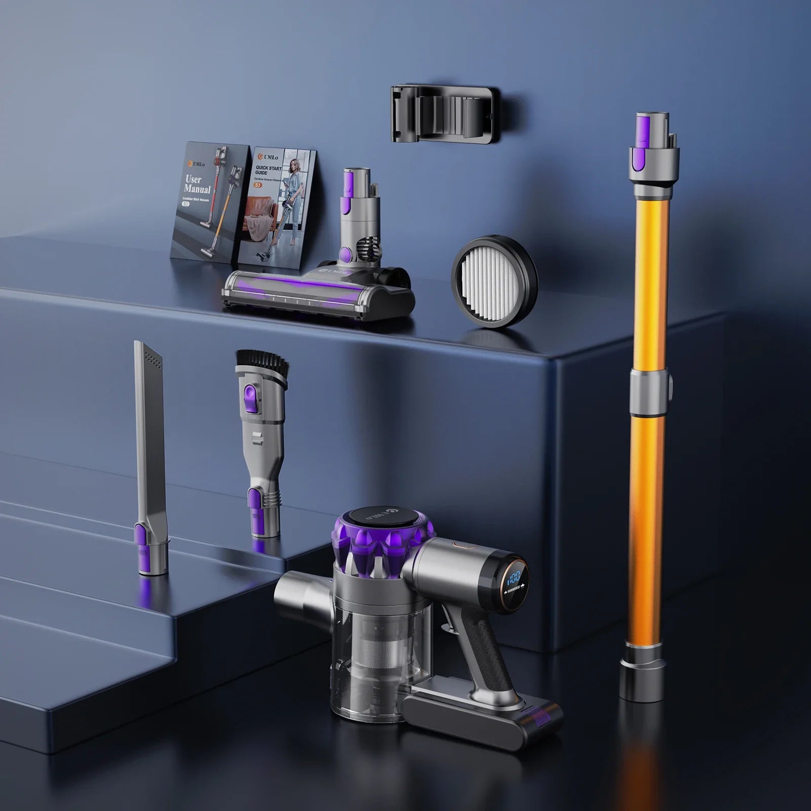 Cordless vacuum cleaner set with detachable parts and accessories, including filter, brush heads, and extension tube for home use.