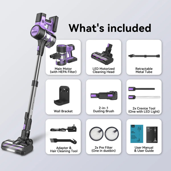Cordless Vacuum Cleaner, 6-in-1 Stick Vacuum with 30Kpa 350W Suction package includes motor, LED brush, metal tube, filters, charger, and user manual.