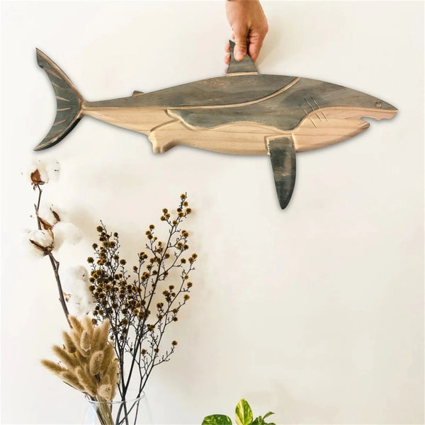 Wooden Sea Fish Decor Statue Whale Figurine Sculpture Ornament Wall Hanging Rustic Decor Home Living Room Bedroom Sculpture