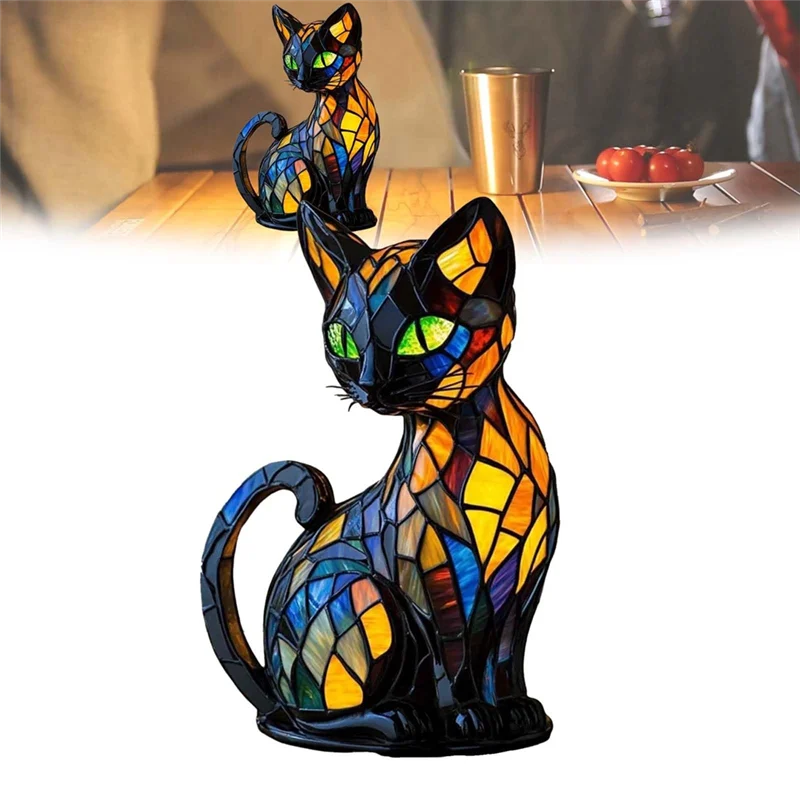 B97A-CAT Stained Resin Tabletop Night Light For Night Stands, Warm Glow Lamp, Cat Lamp Resin Stained Glass