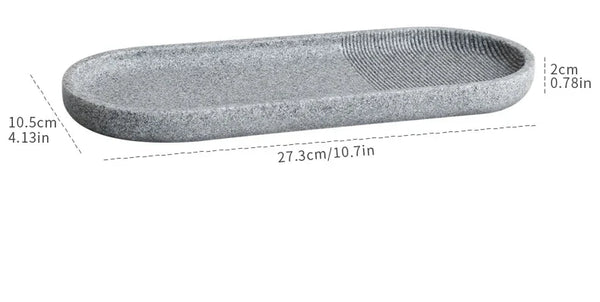 Tray dimensions for Buddify's grey 5Pcs Bathroom Accessories set, measuring 27.3cm long and 10.5cm wide, ideal for bathroom organization.