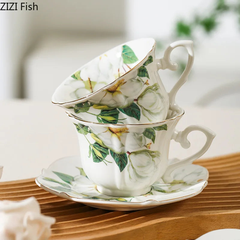 Elegant Camellia Painted Mugs Porcelain Cup&saucer Tableware Coffee Mug Dining Table Afternoon Tea Teacup Fruits Juice Cup