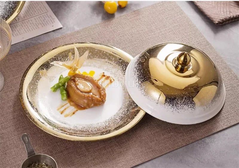 Ceramic high-end golden gold round ceramic tray Piring ASalad Steak Mewah Keramik Makanan Barat Eropa Piring Steak dinner plate