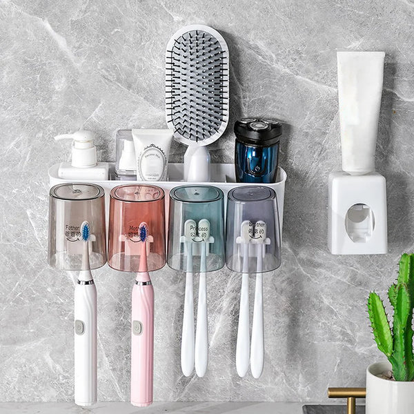 Wall Mounted Automatic Toothpaste Dispenser with Toothbrush Holder No Drilling Multifunctional Bathroom Organiser