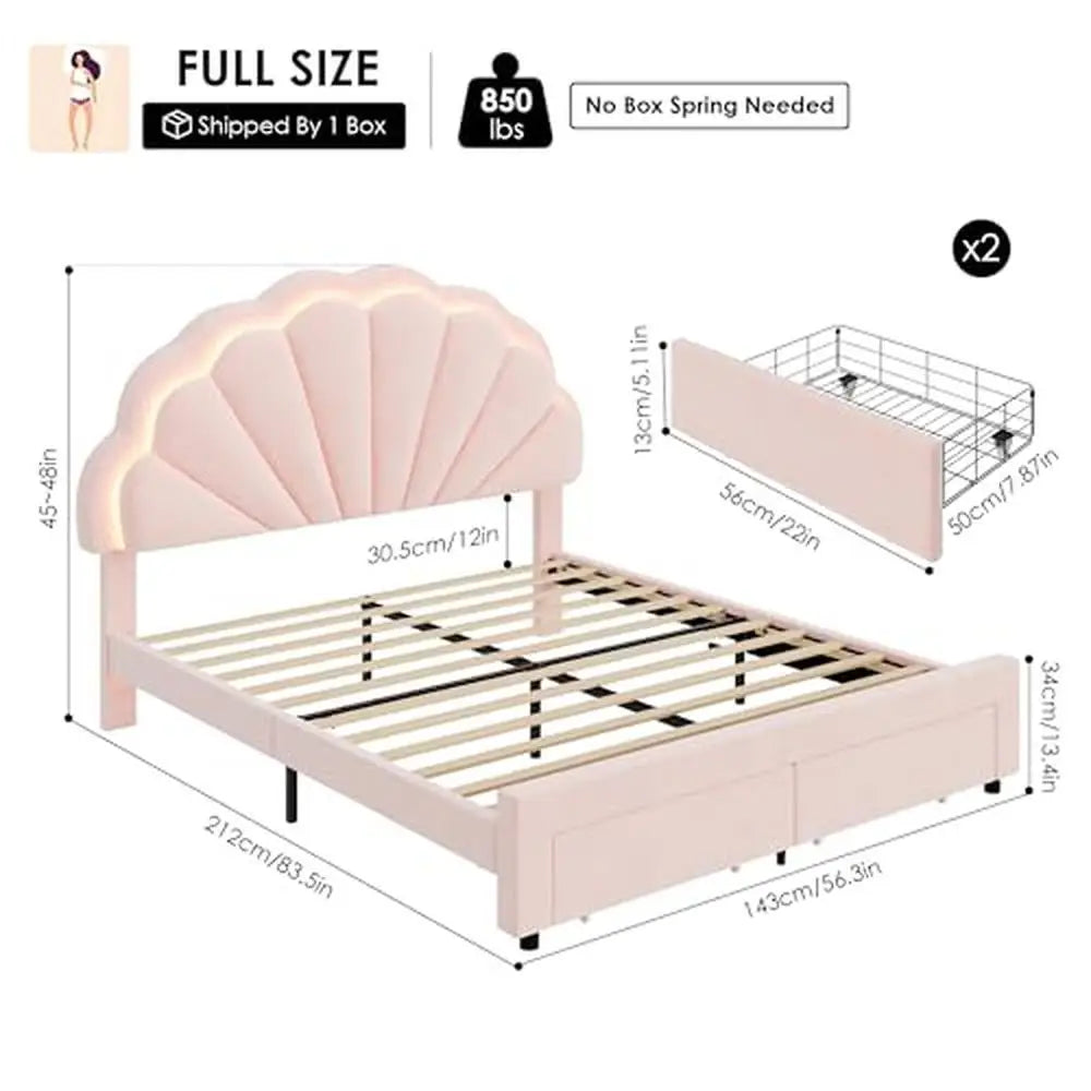 Adjustable Pink LED Upholstered Bed Frame with Storage Drawers Full Size Modern Princess Platform Bed Double Petal Headboard &