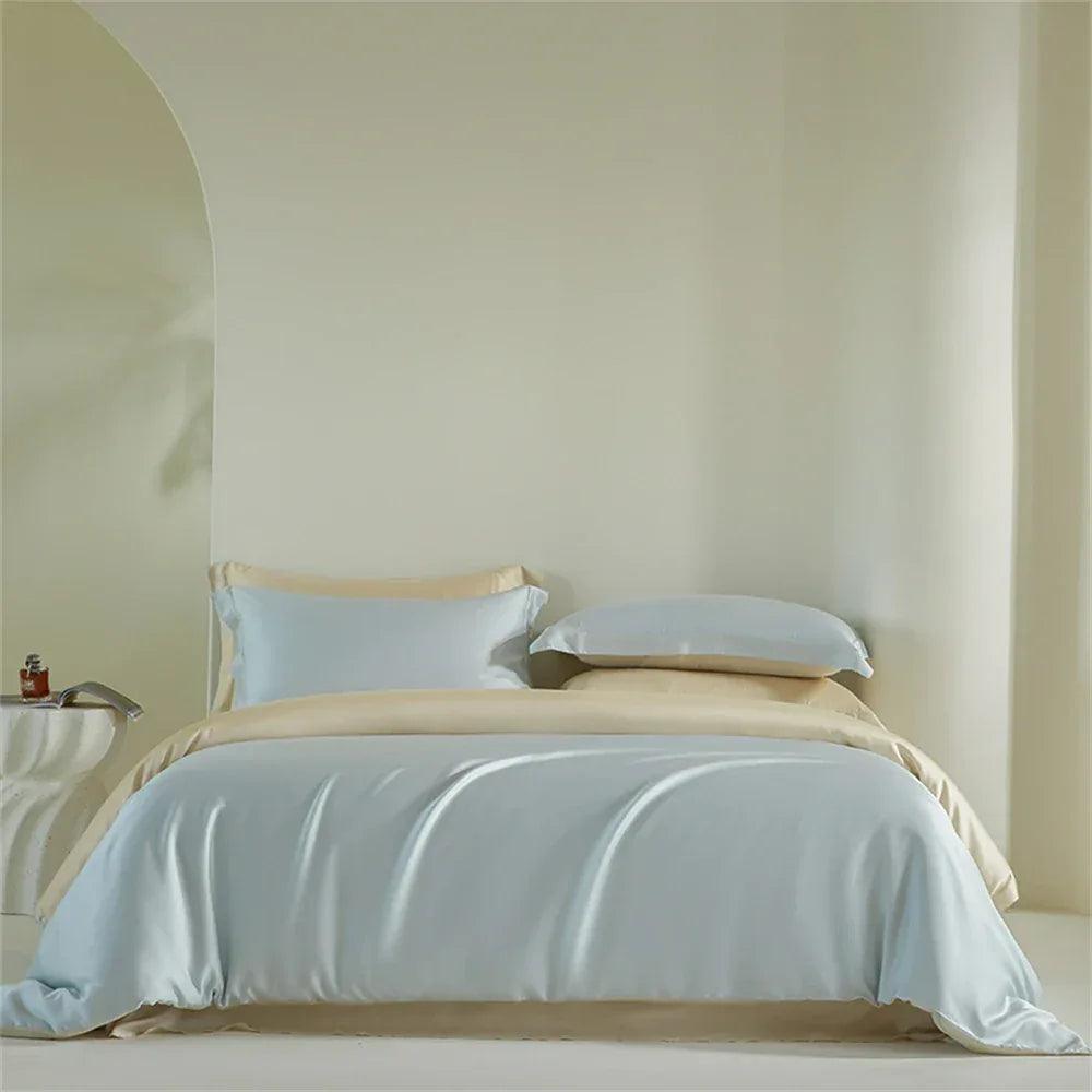 Liv-Esthete Women Pink 100% Silk Bedding Set Healthy Silky Double Color Queen King Duvet Cover Flat Sheet Pillowcase Bed Linen - Gifts for You 'n Me