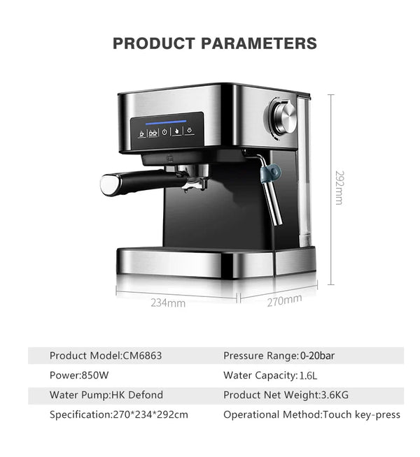 Semi-Automatic Espresso Machine 20Bar High Pressure Extractor 3-in-1