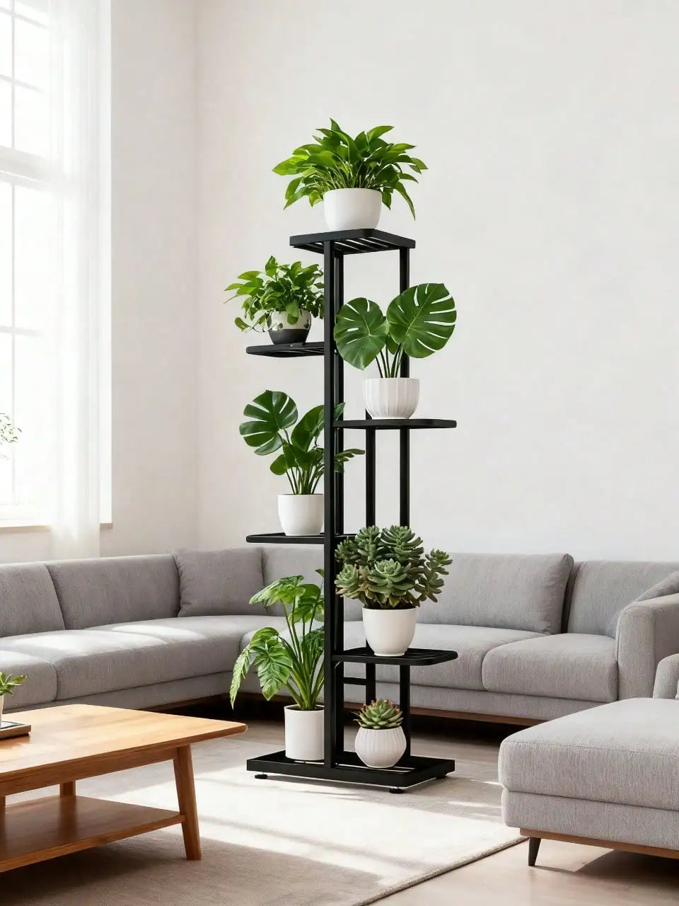 Plant Stand Indoor Modern Black Metal 6 5 4 Tier Tall Vertical Flower Pot Holder Shelf Space Saving Corner Multi Layer Storage Rack For Living Room Balcony Garden Patio Home Decor Housewarming Gift Plant Lovers