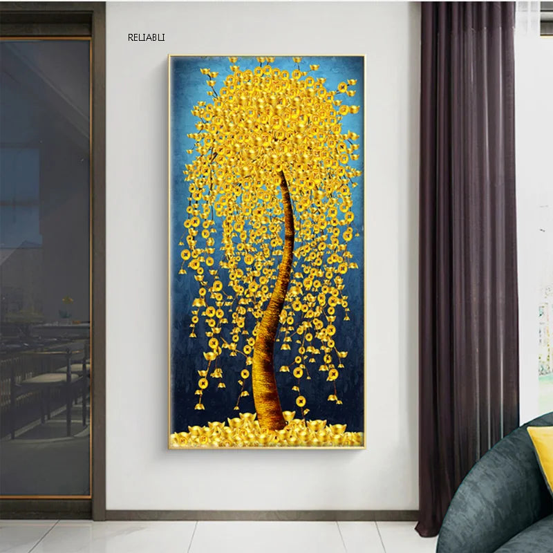 Abstract Golden Rich Tree Money Tree Oil Paintings on Canvas Poster Modern Landscape Wall Art Picture Print Home Decor No Frame