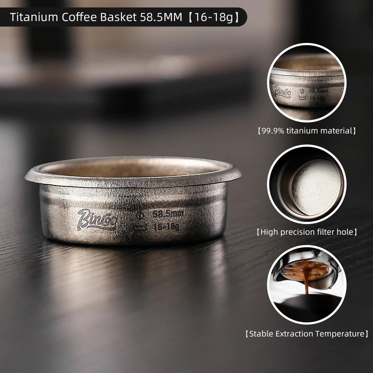 Bincoo Titanium Precision Portafilter Basket 58.5mm Professional Espresso Extraction Tool for Even Coffee Grounds Distribution