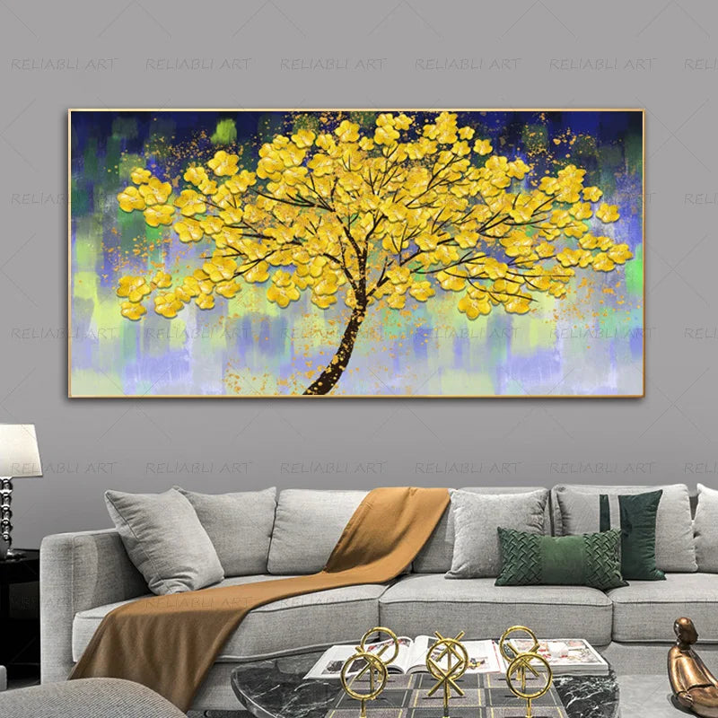 Abstract Golden Rich Tree Money Tree Oil Paintings on Canvas Poster Modern Landscape Wall Art Picture Print Home Decor No Frame