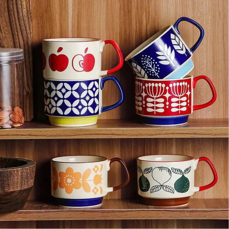 Japanese Flower Coffee Mug Set – Retro Ceramic Cup