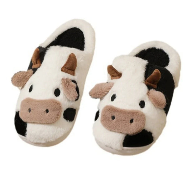 Plush Cartoon Cow Slippers for Warm Cozy Indoor Comfort
